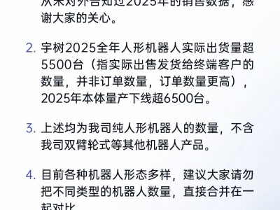 宇樹澄清2025年人形機(jī)器人出貨量:實(shí)際超5500臺,本體量產(chǎn)下線超6500臺