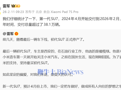 雷軍發(fā)文透露：第一代SU7交付不到2年，總量已突破38.1萬輛大關