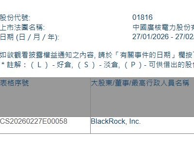 中廣核電力(01816.HK)獲貝萊德增持98.5萬股