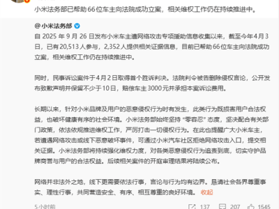 雷軍宣布小米法務助力維權：66位車主成功立案，首例民事訴訟已勝訴