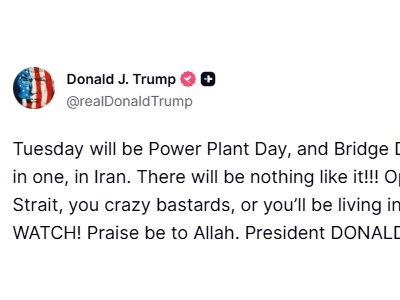 特朗普再次威脅：“4月7日將是伊朗的發(fā)電廠日和大橋日”，“打開那個(gè)該死的海峽”！