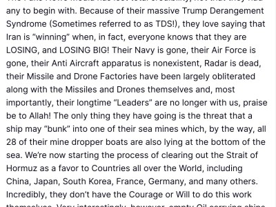 特朗普：已經開始清理霍爾木茲海峽，以造福世界各國